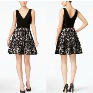 Avery G Elegant Black Sleeveless V-Neck Illusion Fit & Flare Dress Size 2